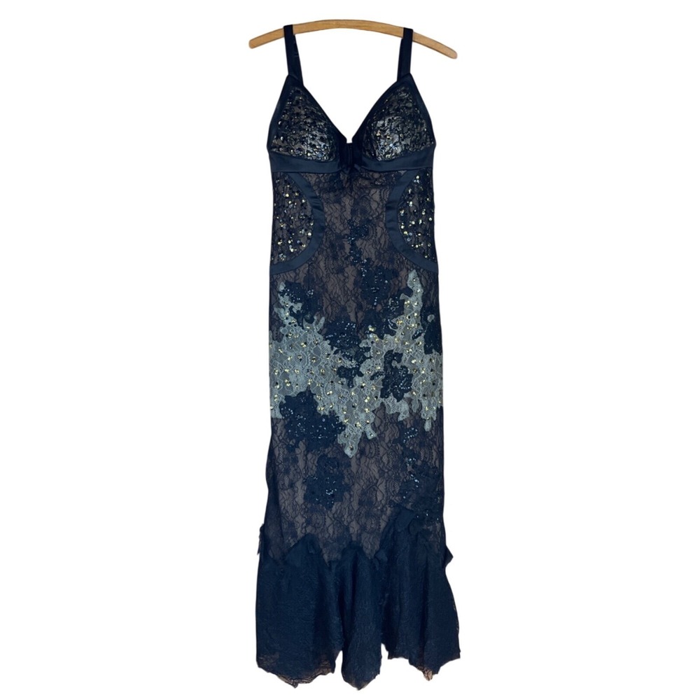Mandalay Black Lace Sequins Embellished Maxi Dress‎ Evening Gown Size 10